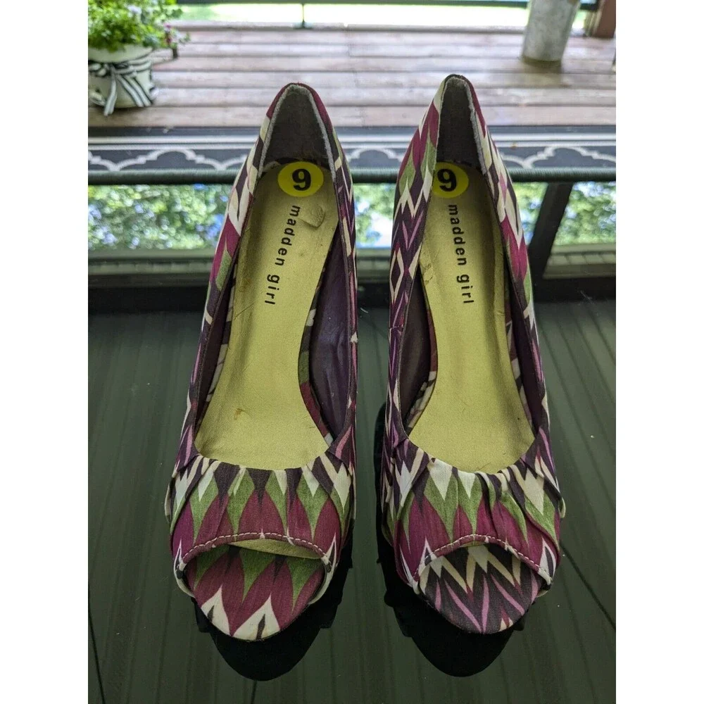Madden Girl Heels Women's Sz 9 Jacquard Marled Aztec Purple Geometric Peep Toe